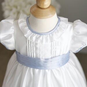 White Flower Girl Dress with Blue Sash and Bloomer Size 12 Month New Wit…
